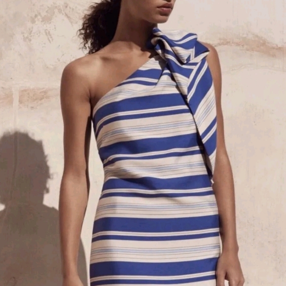 Banana Republic Dresses & Skirts - NWT Banana Republic Womens One Shoulder Bow Dress Blue Cream Striped Size 4